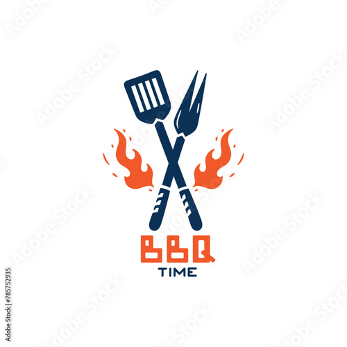 BBQ Time. Grill Tools with Fire Flames. Barbecue Fork and Spatula. Vector illustration.