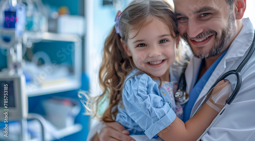 Doctor hugging little girl in hospital room. Smiling young girl being held by a doctor