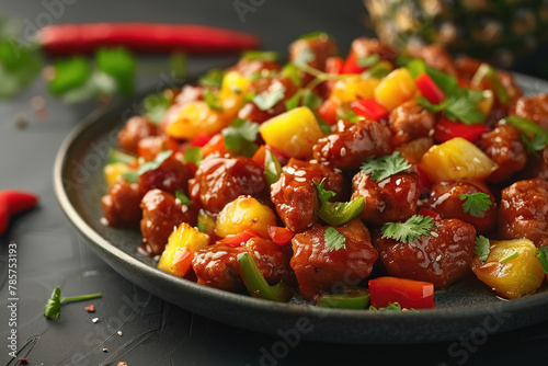 delicious sweet and sour chicken with colorful vegetables, sesame seeds, and herbs on a dark plate photo