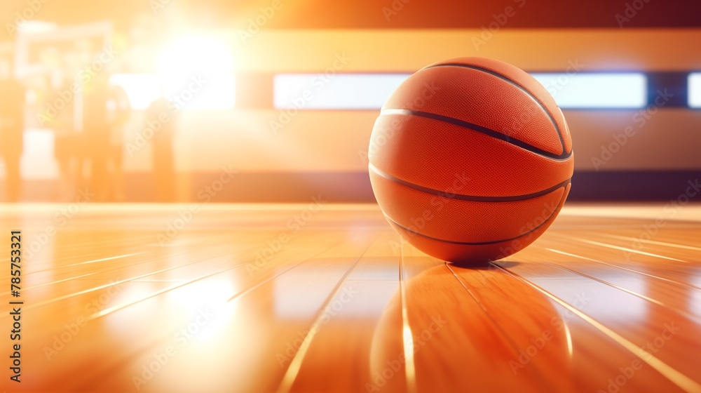 Artistic image of a basketball on the court floor.