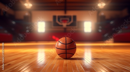 Artistic image of a basketball on the court floor.