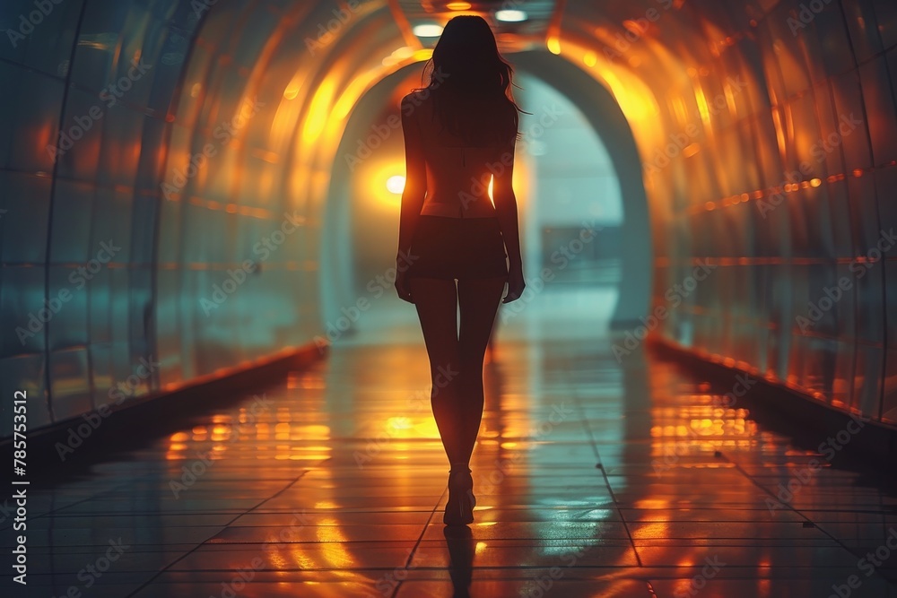 A woman walks towards a bright exit in a futuristic tunnel, evoking concepts of hope, escape, and the unknown