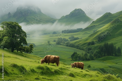 This enchanting image captures a serene moment of cattle grazing amidst fog-covered rolling hills, invoking a sense of mystery and calm © Larisa AI