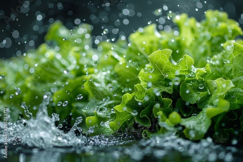 Close-up of fresh green lettuce with sparkling water droplets enhancing the vivid colors and texture of healthy food