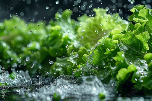 Lush green lettuce with dynamic splash of water droplets against a dark background captures the essence of freshness