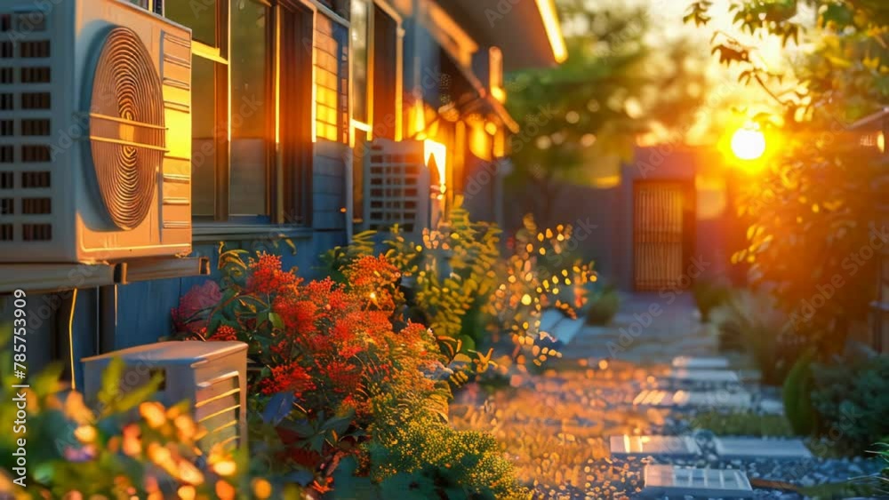 Outdoor unit of air conditioner in the garden at sunset