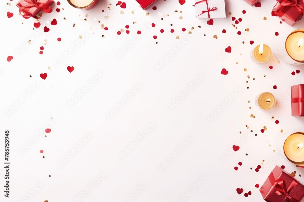 A romantic setting with red gifts, candles, and heart confetti, perfect for a Valentine's Day surprise.