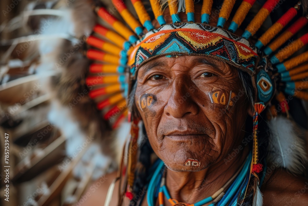 A close-up of a vibrant Native American headdress featuring detailed beadwork and feathers