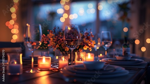 A luxurious dinner table in a pleasant atmosphere. The beautiful scenery makes for a wonderful night. Images like this are often used to post on social media, write blogs or set as wallpaper.