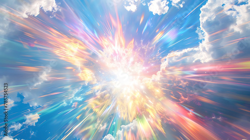 an explosion of brilliant light, radiating outward against a backdrop of clear blue sky and scattered white clouds.