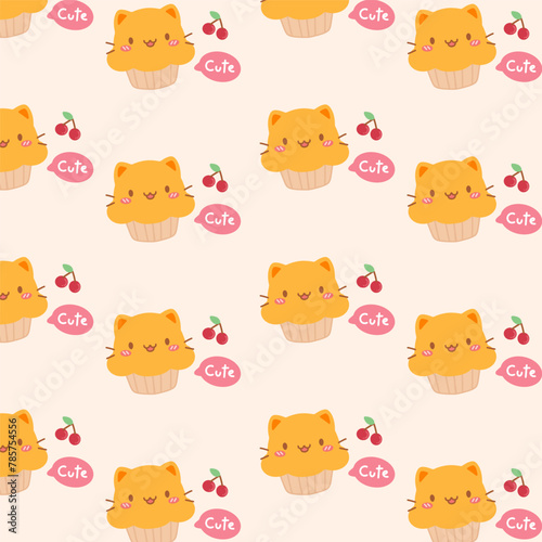 Cute pattern with sweet cat cupcakes with cherry on a soft orange background