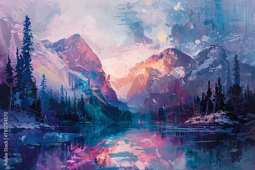 Immerse yourself in an abstract wilderness where psychedelic hues merge with icy landscapes photo