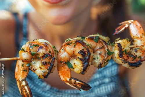 Macro shot of a woman relishing a skewer of grilled shrimp with garlic butter