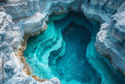 Crisp aerial image showcasing a deep turquoise geothermal sinkhole amid rugged rock formations