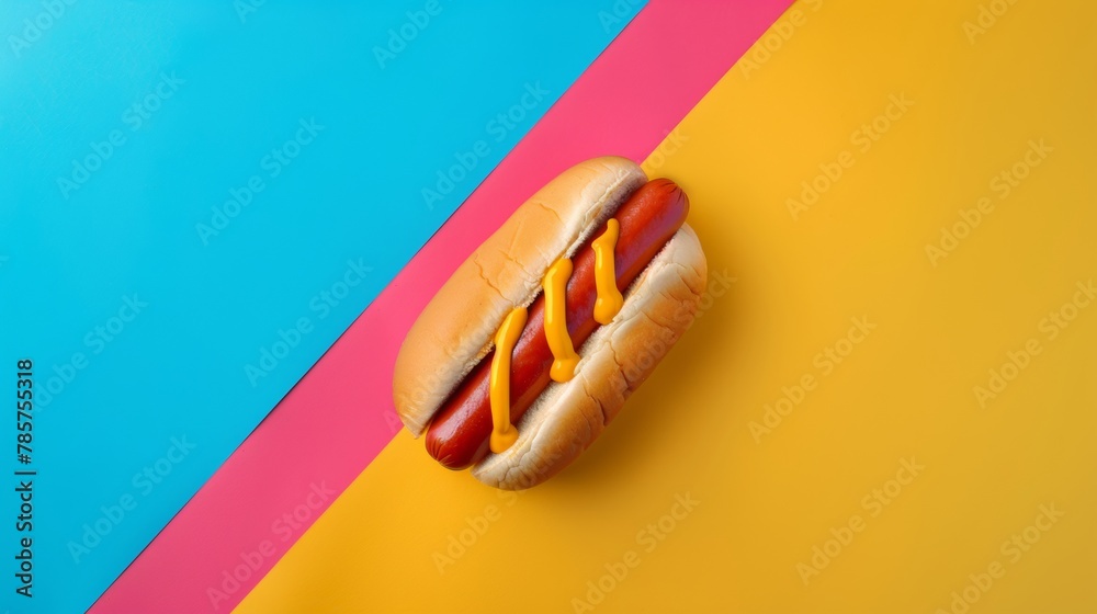 Classic Hot Dog with Mustard on a Colorful Background.