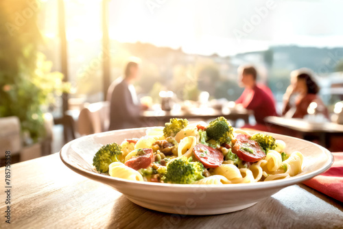 Orecchiette mit Brokkoli und Salsiccia, im Hintergrund ein Restaurant mit Gästen 