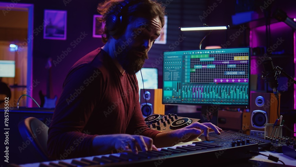Musician playing piano keyboard and recording to mix and master audio, editing audio recordings to achieve desired sound quality. Artist producer operating on daw software. Camera B. - obrazy, fototapety, plakaty 