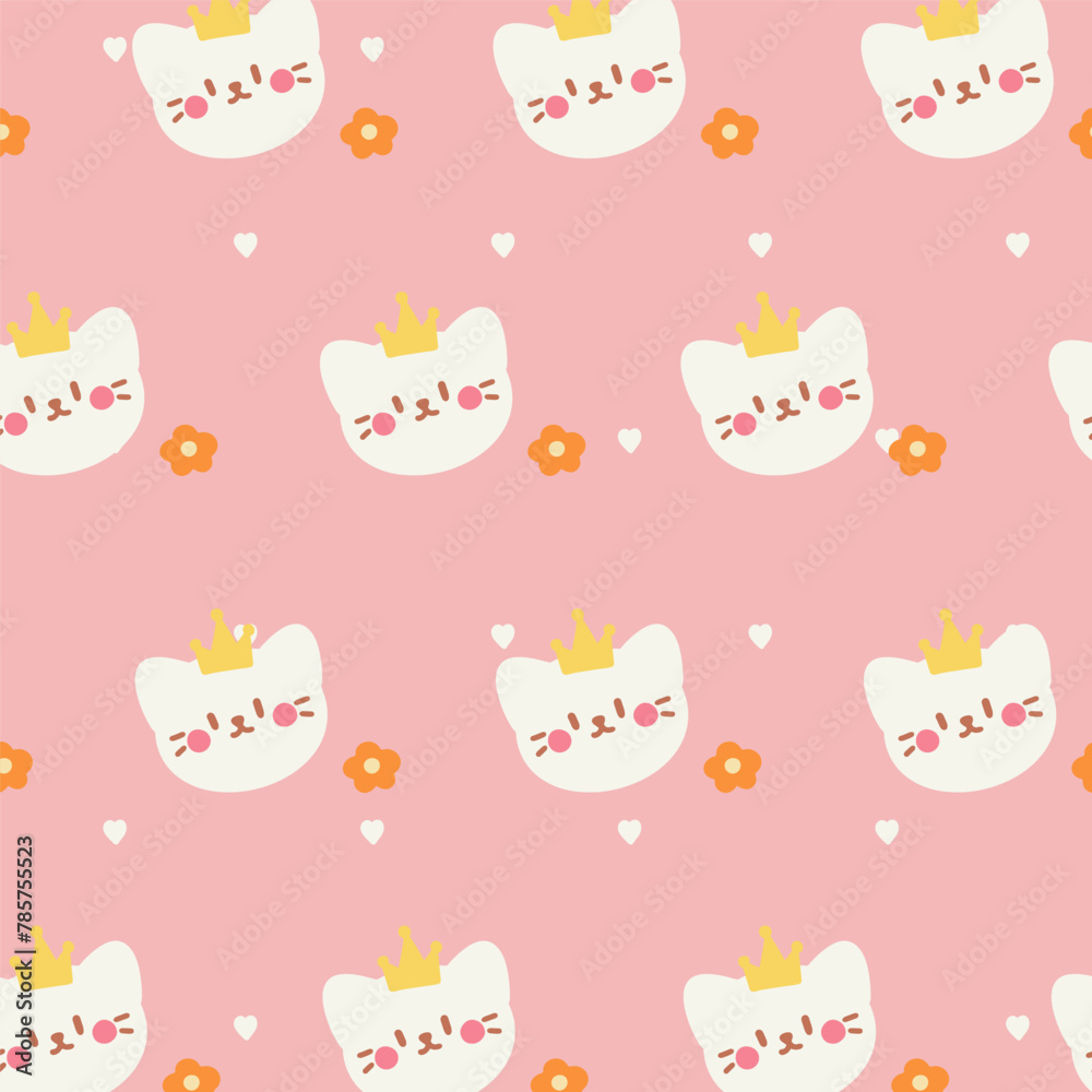Cute cat and flower seamless pattern on pink background. Cute cat vector seamless Pattern isolated repeat background wallpaper.	