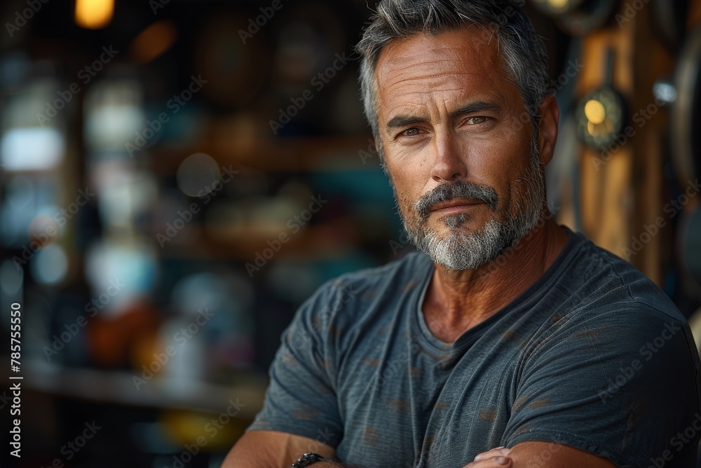 Handsome mature man with an intense gaze, portrayed in a rustic workshop setting with rich textures Handsome mature man with an intense gaze, portrayed in a rustic workshop setting with rich textures
