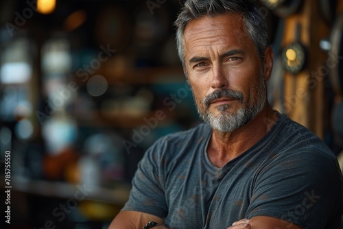 Handsome mature man with an intense gaze, portrayed in a rustic workshop setting with rich textures