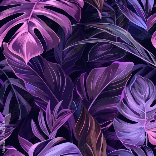 An artistic representation of tropical flora with a vivid color palette and intricate leaf patterns, evoking a sense of wilderness and exotic beauty