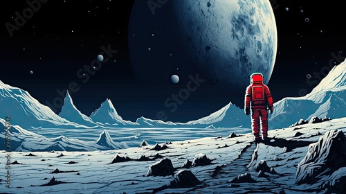 space exploration concept, man in spacesuit walking on the moon with spacecraft behind him photo