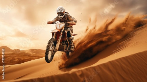 Extreme motocross on sand dunes dynamic concept art, motorcycle sport illustration.