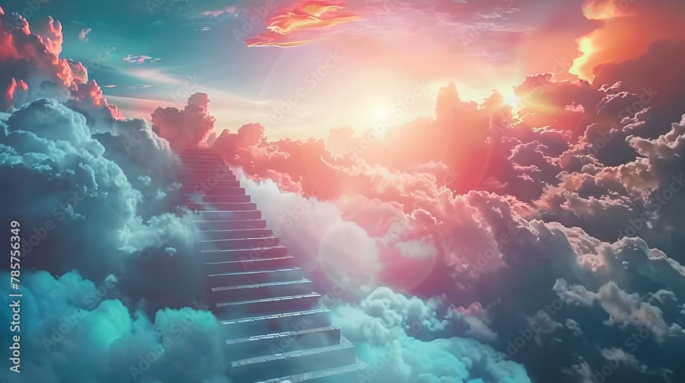 Stairway to heaven in heavenly concept. Religion background. Stairway to paradise in a spiritual concept. Stairway to light in spiritual fantasy. Path to the sky and clouds. God light.