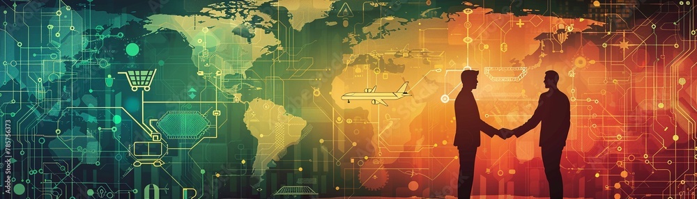 Fototapeta premium infographic Diverse business people handshake Global connections map, airplane and digital tech laptop, circuit board icons radiate out Text Success, Business Partnership, Global Technology