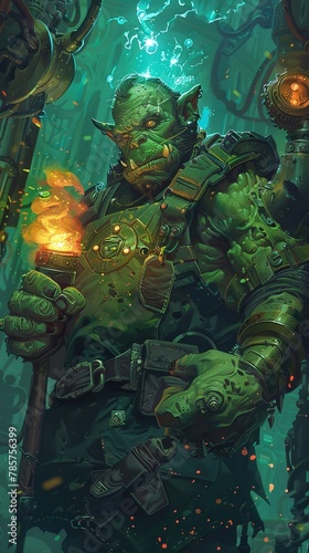 Isometric Illustration Orc Tech Orc in mechanic overalls wielding a hightech torch modifies a robotic arm in a futuristic workshop with glowing energy cores , High detail, High resolution, photo