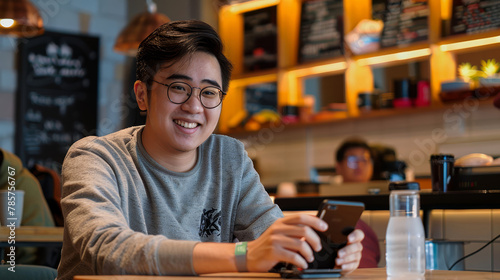 Smiling young asian man using smartphone at table in cafe.