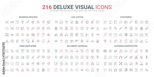 Business solutions and process, court and law line icons set. Online upload and approval of documents, vision of trends and ideas, supplies thin black and red outline symbols vector illustration © Iconic Prototype