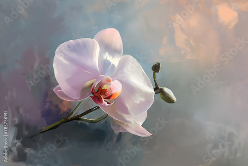 Delicately rendered digital painting of an exotic orchid in full bloom, highlighted by soft, natural lighting, exuding elegance.