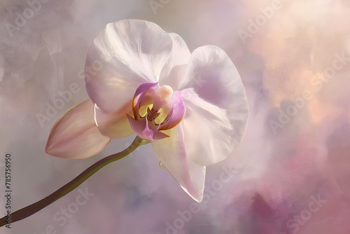 Delicately rendered digital painting of an exotic orchid in full bloom, highlighted by soft, natural lighting, exuding elegance.