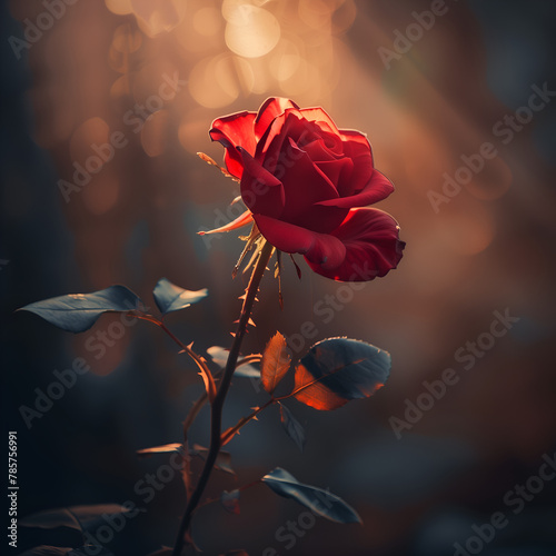A serene photo of a vibrant red rose, softly lit, showcasing intricate details and velvety texture. Minimalist composition emphasizes its natural elegance, evoking romance and passion. photo
