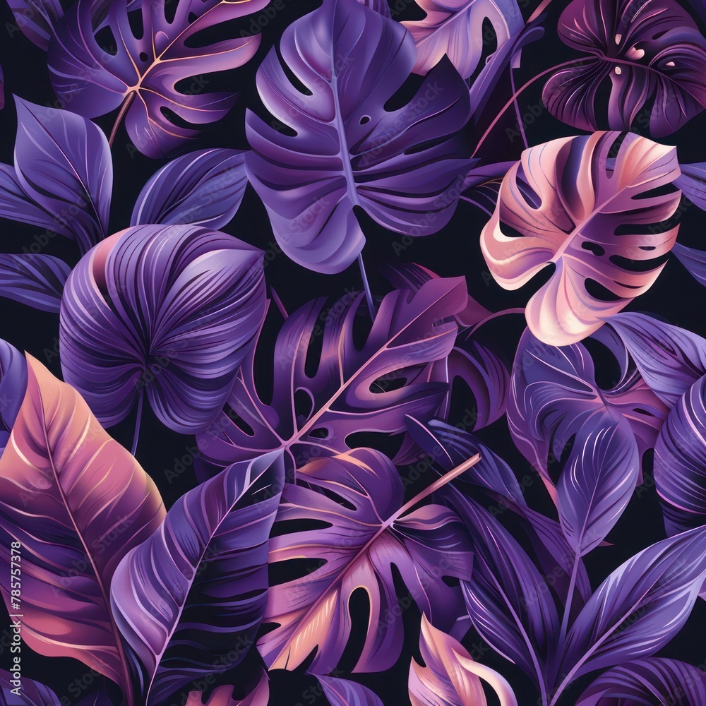 This image features a seamless pattern of various tropical leaves with rich purple and pink hues against a dark background, emanating an exotic vibe This image features a seamless pattern of various tropical leaves with rich purple and pink hues against a dark background, emanating an exotic vibe
