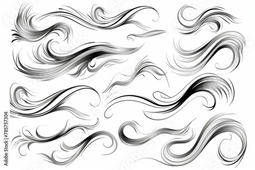 Doodle wind line sketch set. Hand drawn doodle wind motion, air blow, swirl elements. Sketch drawn air blow motion, smoke flow art, abstract line. Isolated vector illustration vector icon, white backg photo