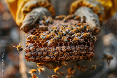 A beekeeper harvesting honey from buzzing beehives, appreciating the symbiotic relationship between humans and pollinators. Concept of sustainable beekeeping and ecological balance. Generative Ai.