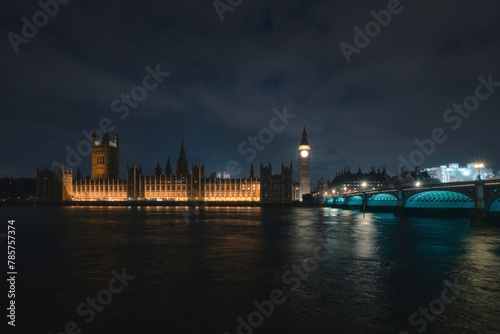 The Westminster Bridge and the Big Ben clocktower by the Thames river in London in the night, United Kingdom