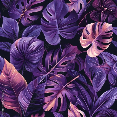 This image features a seamless pattern of various tropical leaves with rich purple and pink hues against a dark background, emanating an exotic vibe