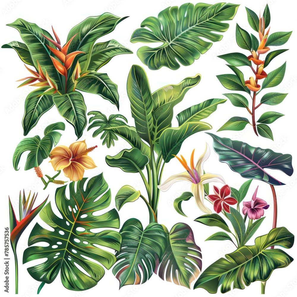 A detailed illustration featuring a range of tropical plants and flowers with vibrant colors and intricate details, perfect for nature themes A detailed illustration featuring a range of tropical plants and flowers with vibrant colors and intricate details, perfect for nature themes