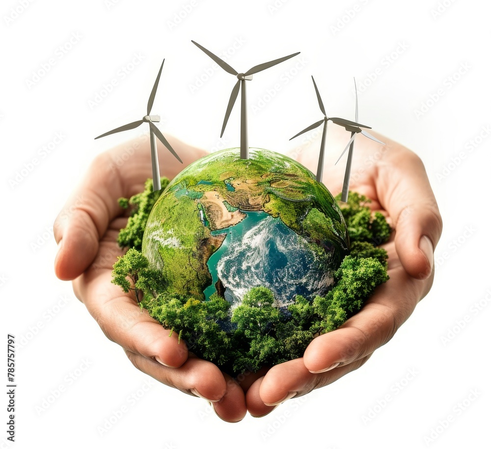 The hands holding wind turbines and earth with grass, white background, png transparent - obrazy, fototapety, plakaty 