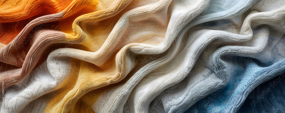 Bring the feeling of sandy beaches into your advertising campaign with a captivating aerial view showcasing towels that embody the texture and essence of various terrains Bring the feeling of sandy beaches into your advertising campaign with a captivating aerial view showcasing towels that embody the texture and essence of various terrains