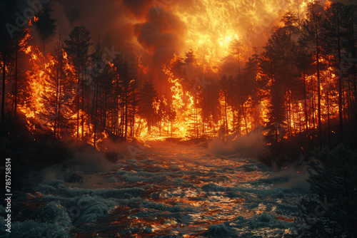 The clash between a forest fire and a river  symbolizing the collision of raging flames and flowing water. Concept of fire suppression by natural elements. Generative Ai.