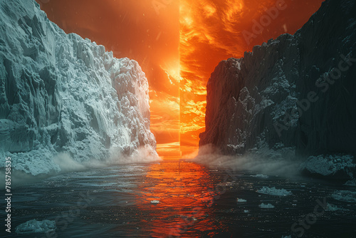 The intersection of a heatwave and a glacier, depicting the collision of melting ice and extreme temperatures. Concept of climate change effects on polar regions. Generative Ai.