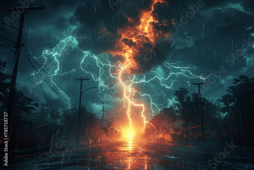 The meeting point of a thunderstorm and a power grid, depicting the collision of lightning strikes and electrical infrastructure. Concept of storm-related power outages. Generative Ai.