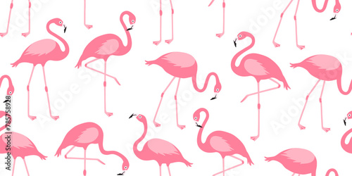 Cartoon flamingo seamless pattern, pink swan background, tropical bird print, summer animal set, cute zoo character wallpaper. Exotic fauna vector illustration © Sylfida