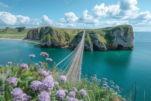 Captivating view of a picturesque rope bridge extending over crystal-clear blue sea surrounded by rugged cliffs
