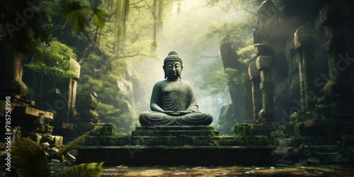 Buddha statues in the forest Generative AI © Roman