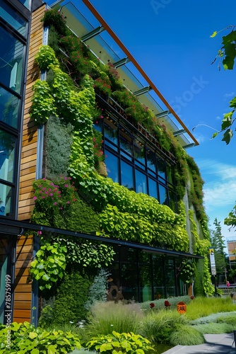 Sustainable building exterior made of recycled materials, featuring living green walls and water conservation systems. Sustainable green building. Eco-friendly building. Green architecture. © Ziyan